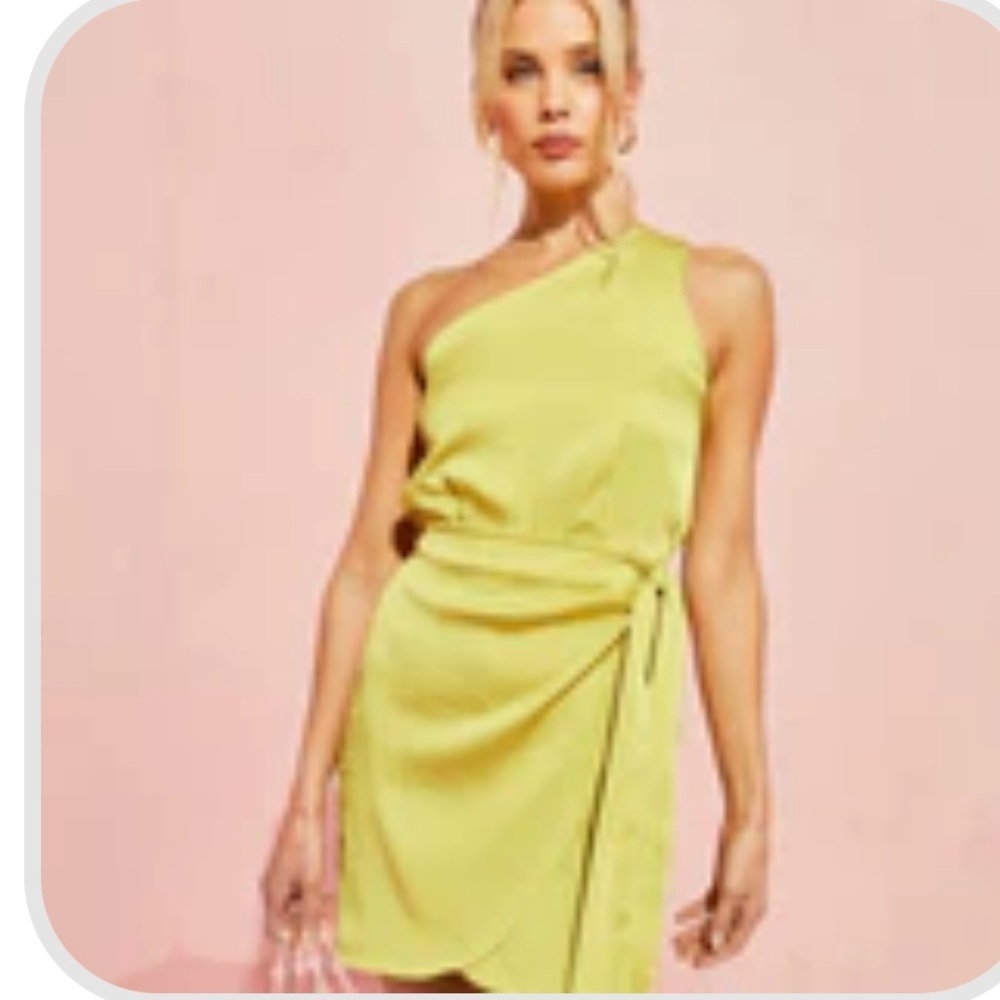 Tyche Mabel Satin One Shoulder Front Tie Mini Dress bright lime color size XS